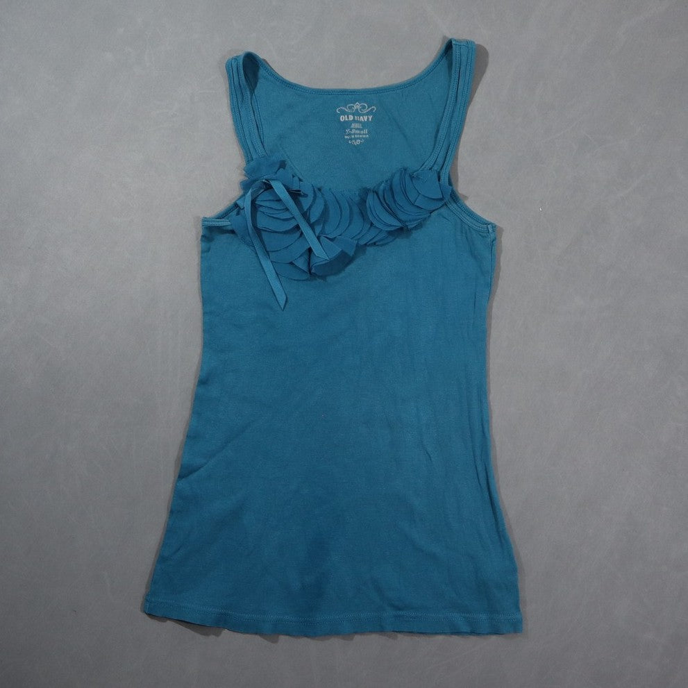 Old Navy Womens Tank Top Teal Blue Chiffon Ruffle Rosette Bow Scoop Neck Cami XS