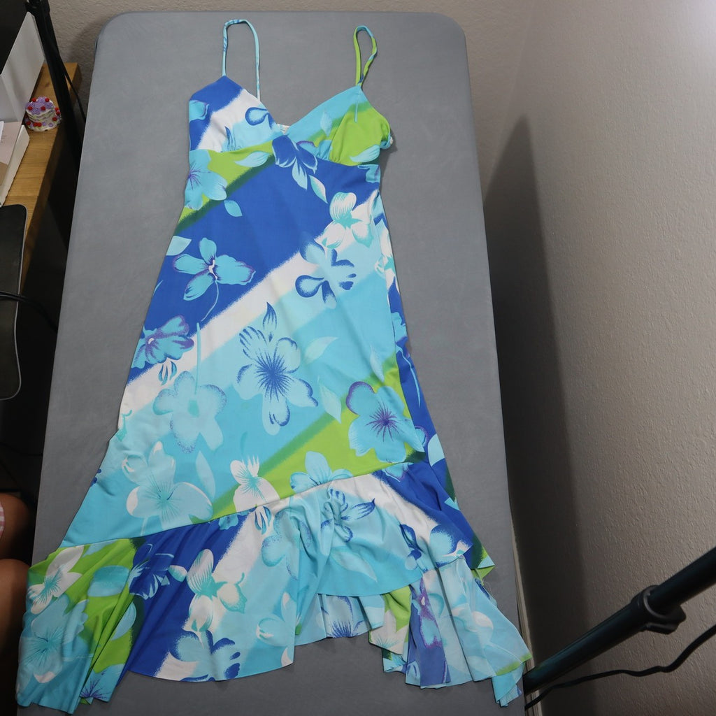 Vintage Y2K Estam Womens Floral Slip Dress Midi Asymmetric Ruffle Hem Blue Green