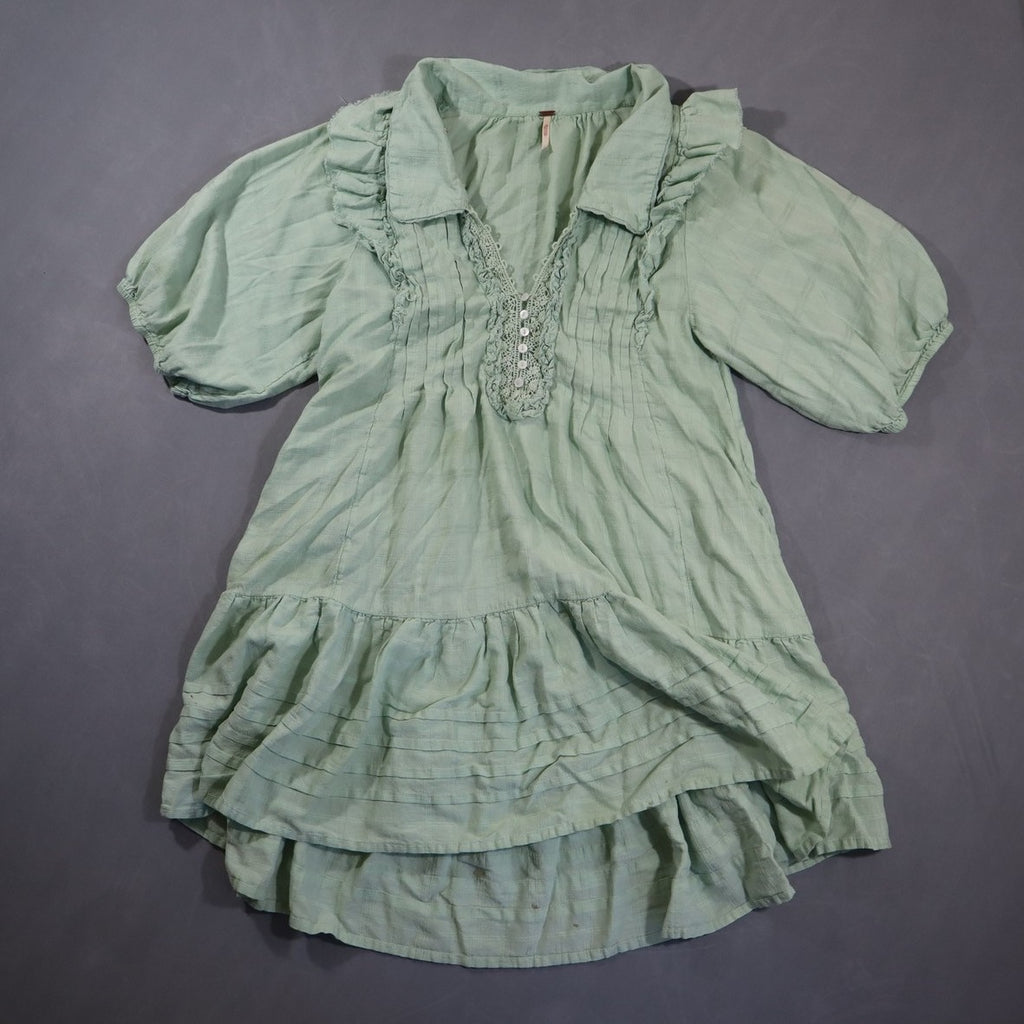 Free People Womens Babydoll Mini Dress Mint Green XS Puff Sleeve Lace Tunic Top