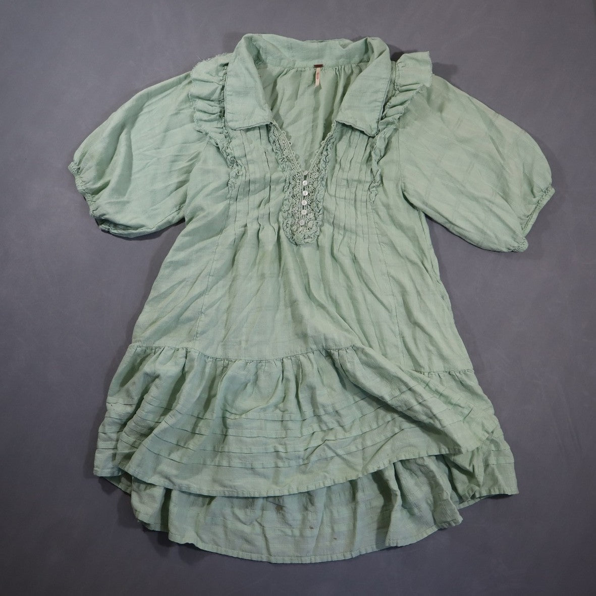 Free People Womens Babydoll Mini Dress Mint Green XS Puff Sleeve Lace Tunic Top