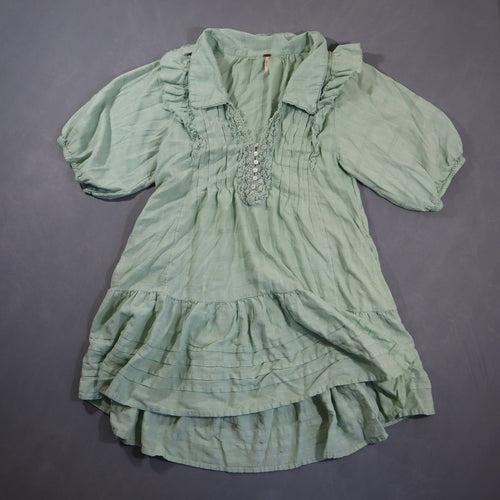 Free People Womens Babydoll Mini Dress Mint Green XS Puff Sleeve Lace Tunic Top